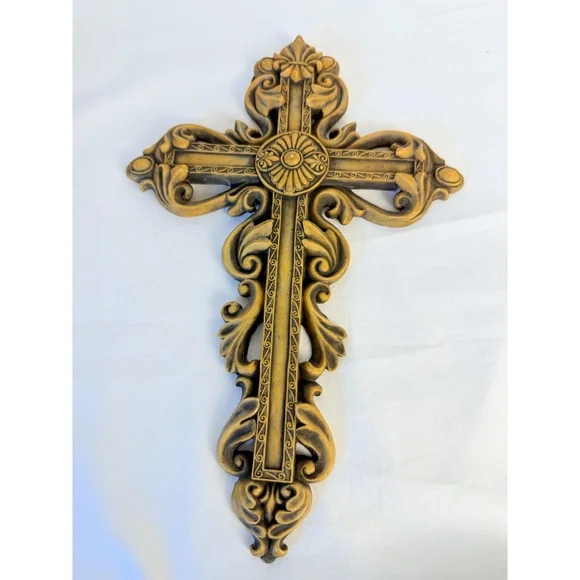 Ornate Gold Decorative Floral Fleur-de- lis Hanging Hook Baroque Wall Cross - Picture 3 of 13